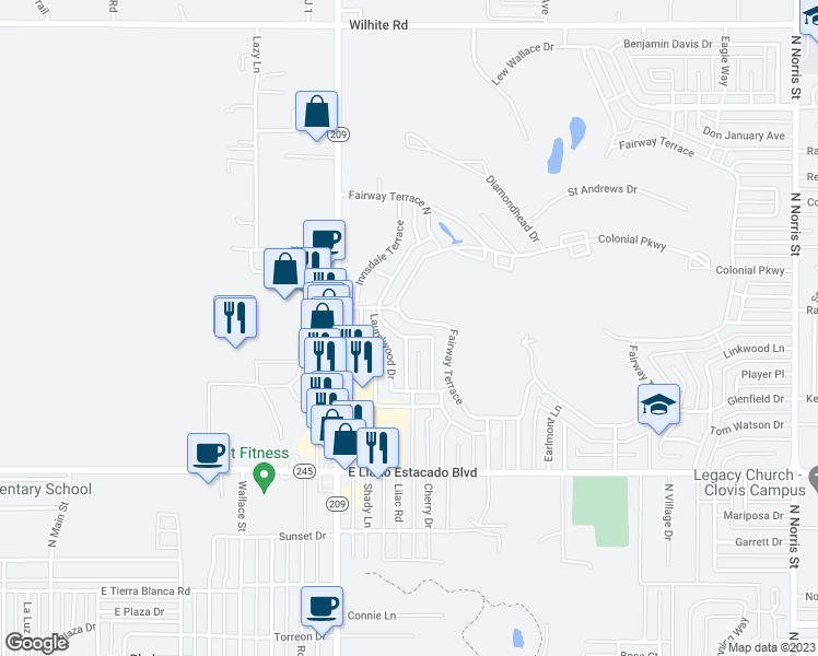 map of restaurants, bars, coffee shops, grocery stores, and more near 1009 Fairway Terrace in Clovis