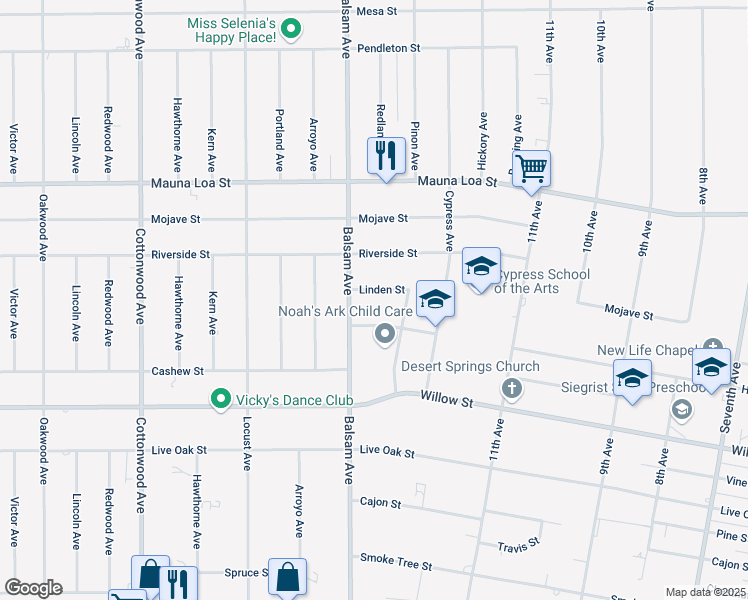 map of restaurants, bars, coffee shops, grocery stores, and more near 15347 Linden St in Hesperia