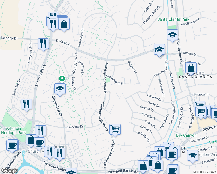 map of restaurants, bars, coffee shops, grocery stores, and more near 23376 Camford Place in Santa Clarita