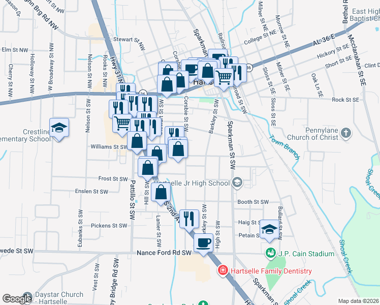 map of restaurants, bars, coffee shops, grocery stores, and more near 417 Pearl Street Southwest in Hartselle