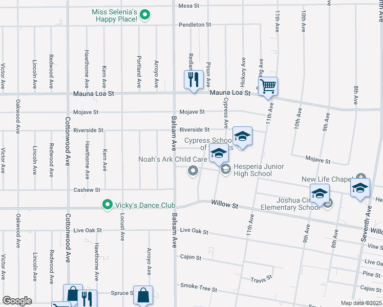 map of restaurants, bars, coffee shops, grocery stores, and more near 15361 Linden Street in Hesperia