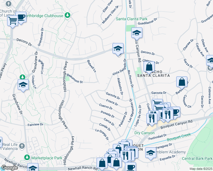 map of restaurants, bars, coffee shops, grocery stores, and more near 23033 Vista Delgado Drive in Santa Clarita