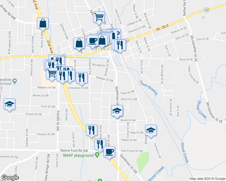 map of restaurants, bars, coffee shops, grocery stores, and more near 303 Pearl Street Southwest in Hartselle
