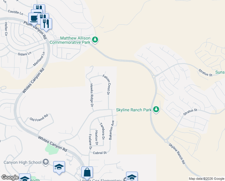 map of restaurants, bars, coffee shops, grocery stores, and more near 28406 Falcon Crest Drive in Santa Clarita