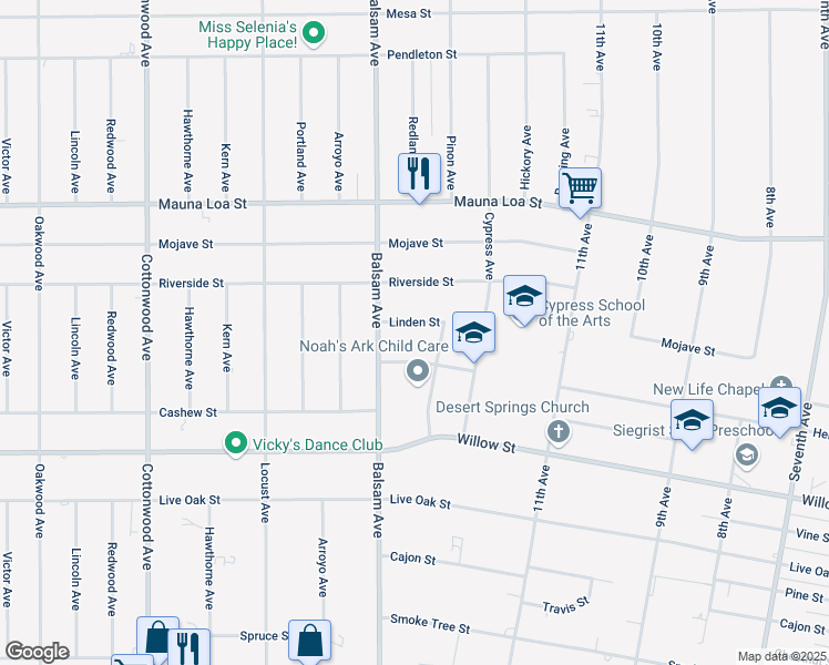 map of restaurants, bars, coffee shops, grocery stores, and more near 15361 Linden Street in Hesperia