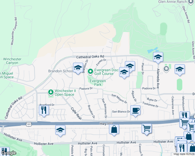 map of restaurants, bars, coffee shops, grocery stores, and more near 7522 Evergreen Drive in Goleta