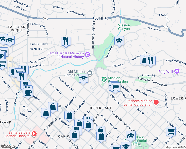 map of restaurants, bars, coffee shops, grocery stores, and more near 2201 Laguna Street in Santa Barbara