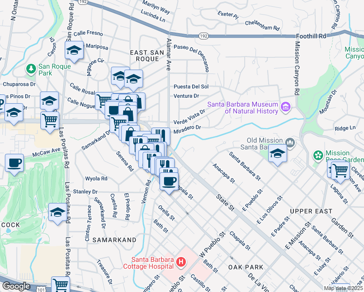 map of restaurants, bars, coffee shops, grocery stores, and more near 1 El Vedado Lane in Santa Barbara