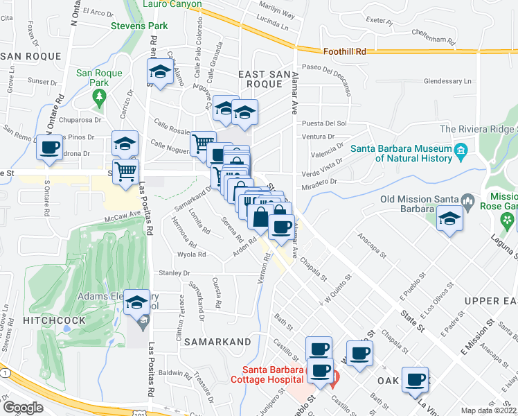 map of restaurants, bars, coffee shops, grocery stores, and more near 114 West Calle Crespis in Santa Barbara