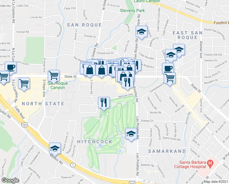 map of restaurants, bars, coffee shops, grocery stores, and more near 42 Broadmoor Plaza in Santa Barbara