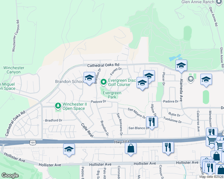 map of restaurants, bars, coffee shops, grocery stores, and more near 7522 Evergreen Drive in Goleta