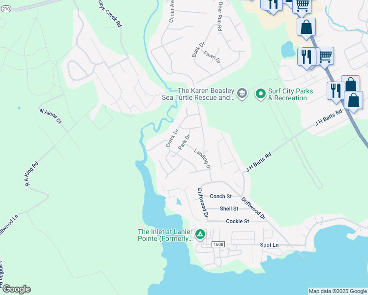 map of restaurants, bars, coffee shops, grocery stores, and more near 611 Park Drive in Hampstead