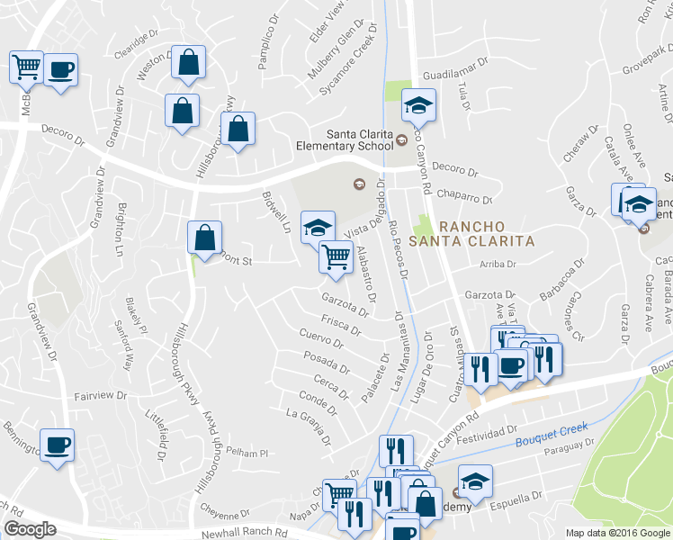 map of restaurants, bars, coffee shops, grocery stores, and more near 23024 Vista Delgado Drive in Santa Clarita