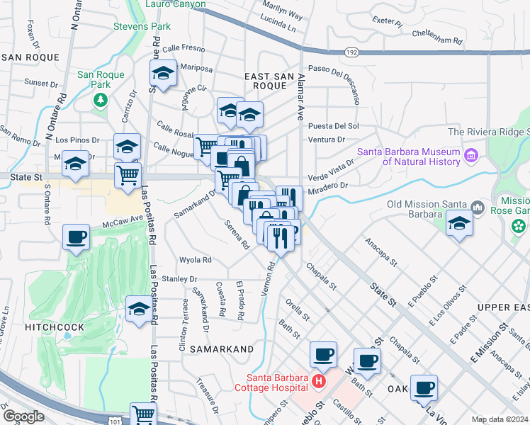map of restaurants, bars, coffee shops, grocery stores, and more near 114 West Calle Crespis in Santa Barbara