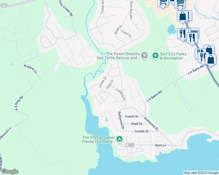 map of restaurants, bars, coffee shops, grocery stores, and more near 611 Park Drive in Hampstead