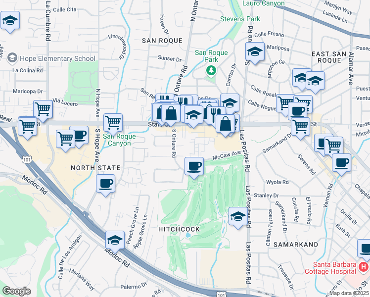 map of restaurants, bars, coffee shops, grocery stores, and more near 3523 San Pablo Lane in Santa Barbara