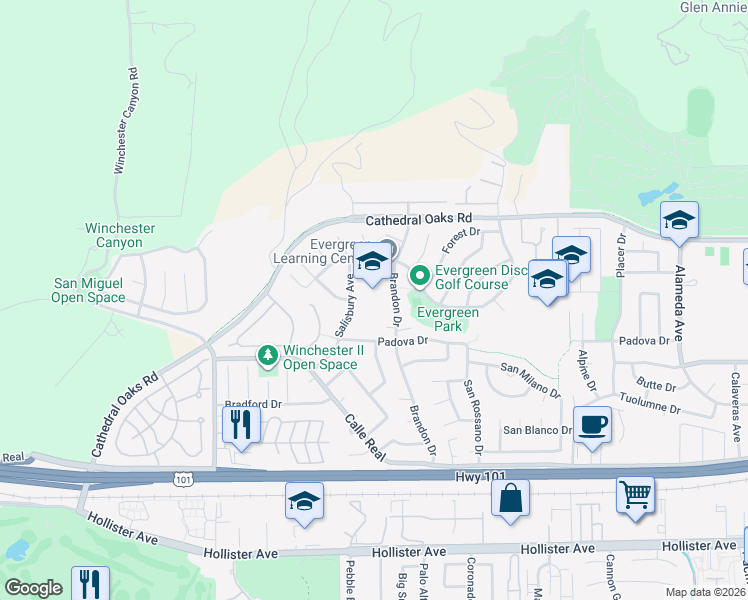 map of restaurants, bars, coffee shops, grocery stores, and more near 195 Brandon Drive in Goleta