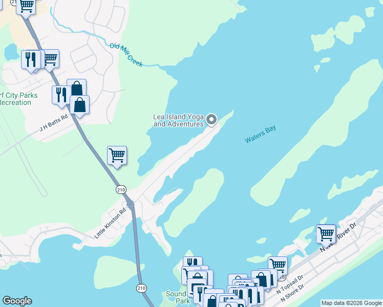 map of restaurants, bars, coffee shops, grocery stores, and more near 371-399 Atkinson Point in Surf City