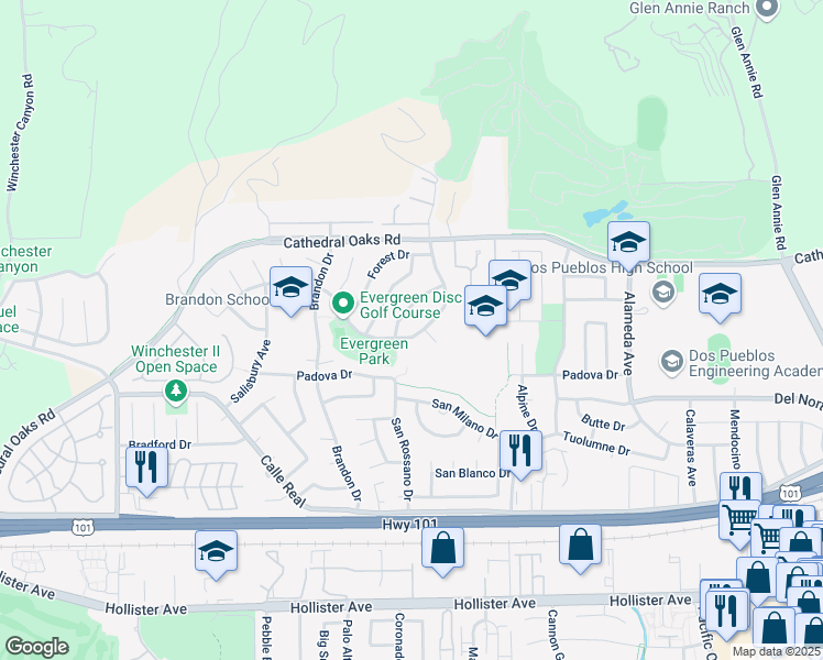 map of restaurants, bars, coffee shops, grocery stores, and more near 7498 Evergreen Drive in Goleta