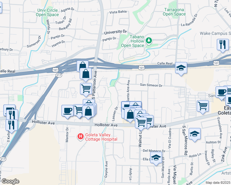 map of restaurants, bars, coffee shops, grocery stores, and more near 71 Lassen Drive in Santa Barbara