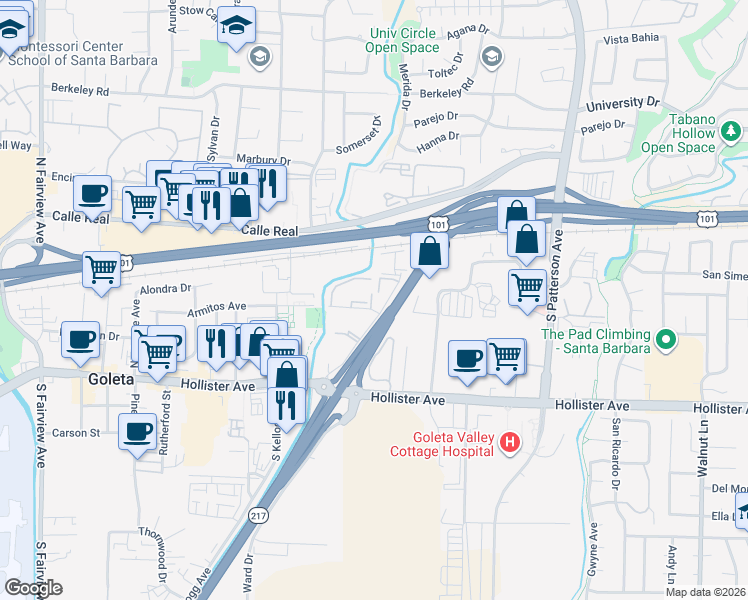 map of restaurants, bars, coffee shops, grocery stores, and more near 119 Armitos Avenue in Goleta