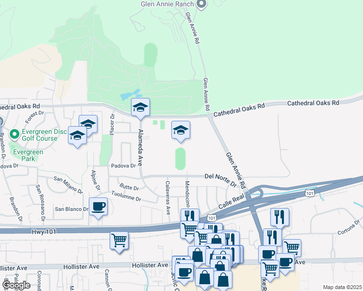 map of restaurants, bars, coffee shops, grocery stores, and more near 7266 Alameda Avenue in Goleta