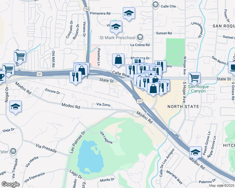 map of restaurants, bars, coffee shops, grocery stores, and more near 4025 State Street in Santa Barbara