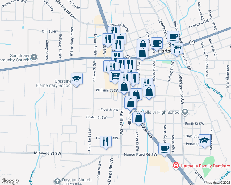 map of restaurants, bars, coffee shops, grocery stores, and more near 743 Martin Street Southwest in Hartselle