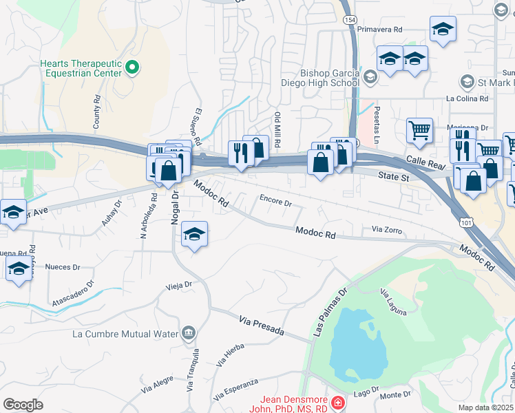 map of restaurants, bars, coffee shops, grocery stores, and more near 4289 Encore Drive in Santa Barbara