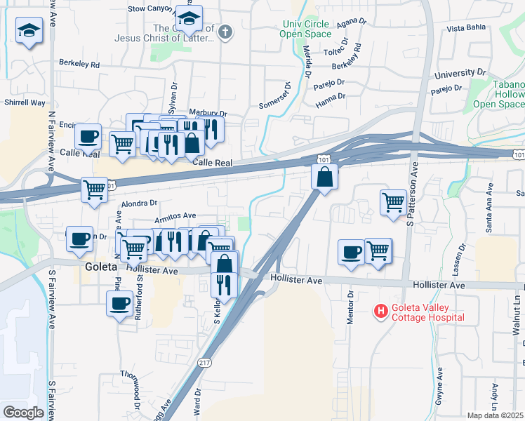map of restaurants, bars, coffee shops, grocery stores, and more near 5514 Armitos Avenue in Goleta
