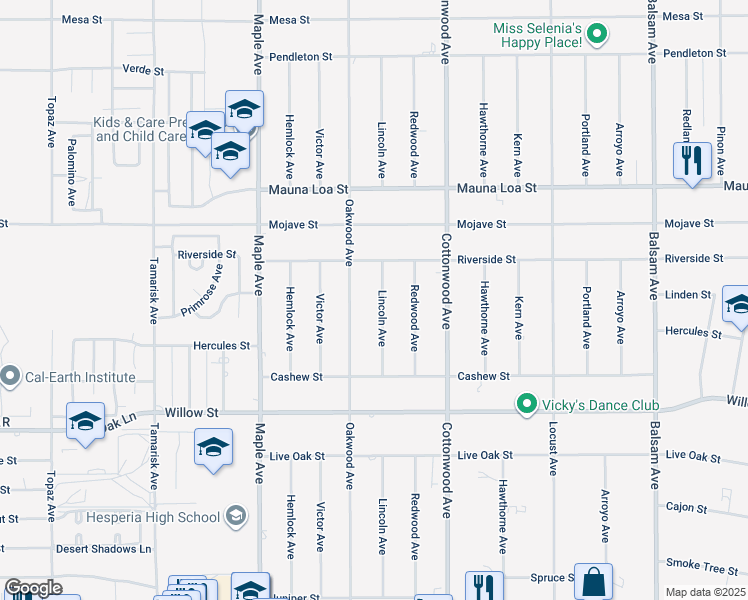 map of restaurants, bars, coffee shops, grocery stores, and more near 10352 Lincoln Avenue in Hesperia