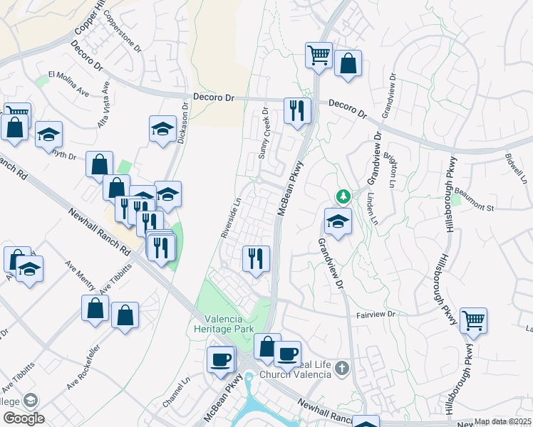 map of restaurants, bars, coffee shops, grocery stores, and more near 24007 Mariposa Place in Santa Clarita