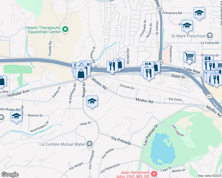 map of restaurants, bars, coffee shops, grocery stores, and more near 4317 Modoc Road in Goleta