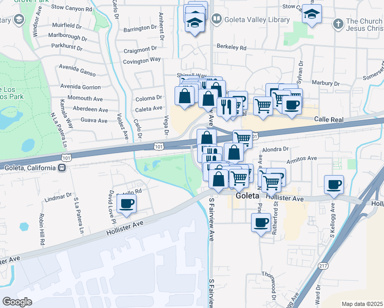 map of restaurants, bars, coffee shops, grocery stores, and more near North Fairview Avenue in Goleta