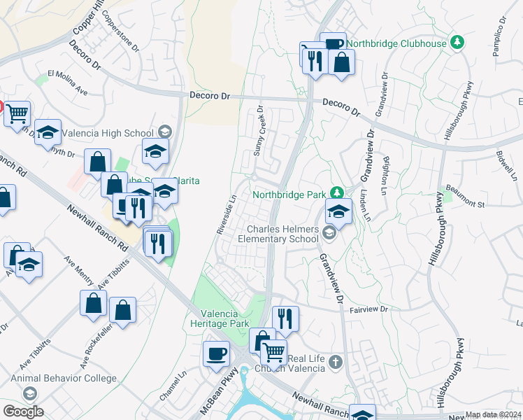 map of restaurants, bars, coffee shops, grocery stores, and more near 24004 Mariposa Place in Santa Clarita