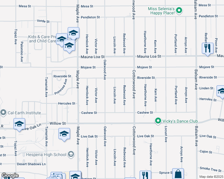 map of restaurants, bars, coffee shops, grocery stores, and more near 10352 Lincoln Avenue in Hesperia