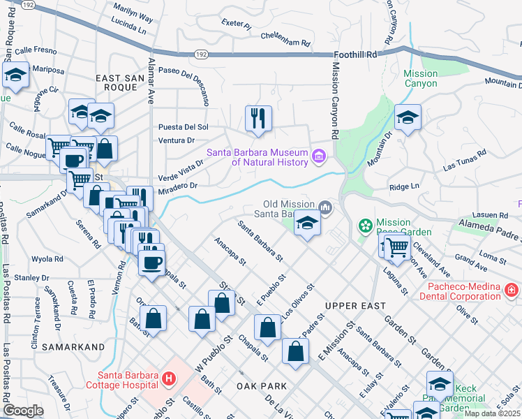 map of restaurants, bars, coffee shops, grocery stores, and more near 2446 Garden Street in Santa Barbara