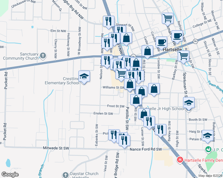map of restaurants, bars, coffee shops, grocery stores, and more near 755 Martin Street Southwest in Hartselle
