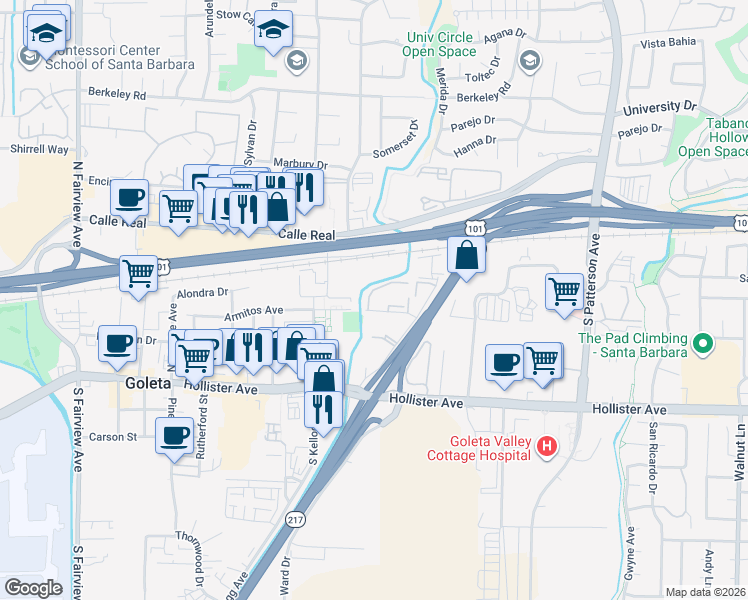 map of restaurants, bars, coffee shops, grocery stores, and more near 5514 Armitos Avenue in Goleta