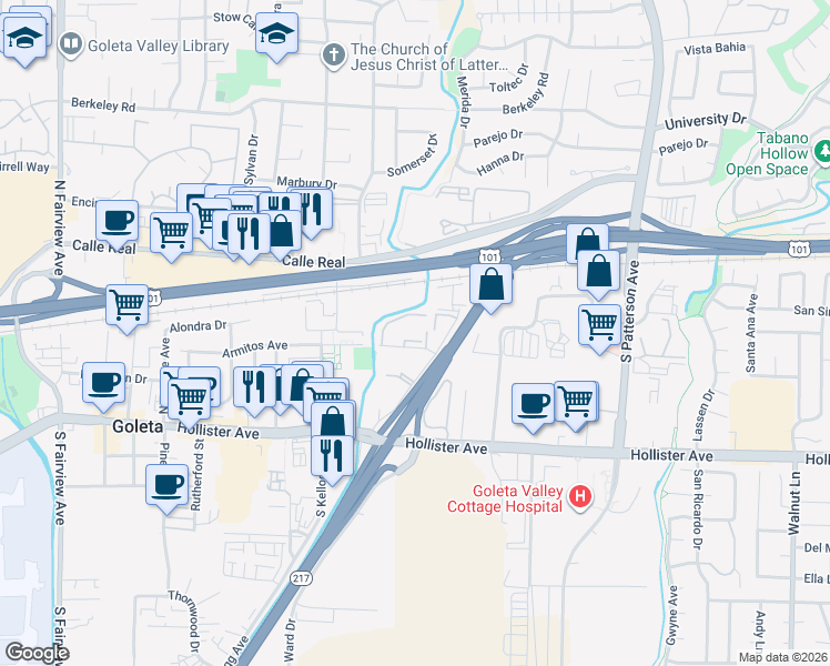 map of restaurants, bars, coffee shops, grocery stores, and more near 5510 Armitos Avenue in Goleta