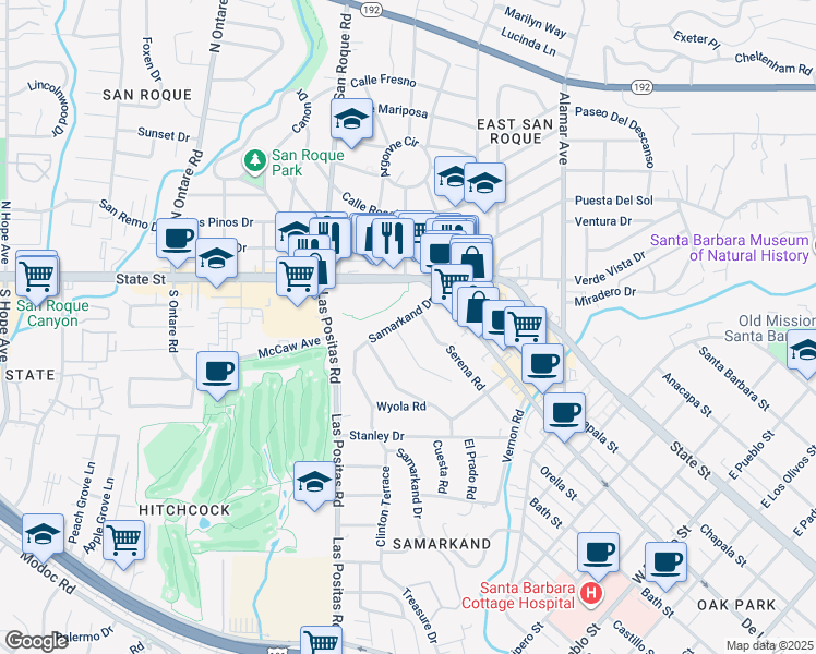 map of restaurants, bars, coffee shops, grocery stores, and more near 405 Samarkand Drive in Santa Barbara