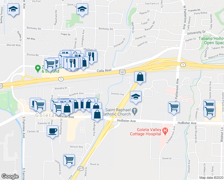 map of restaurants, bars, coffee shops, grocery stores, and more near 5514 Armitos Avenue in Goleta