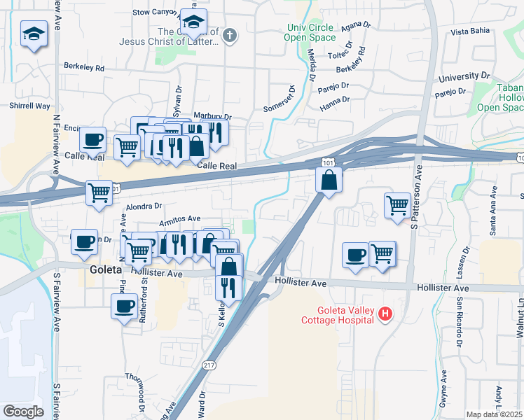 map of restaurants, bars, coffee shops, grocery stores, and more near 5514 Armitos Avenue in Goleta