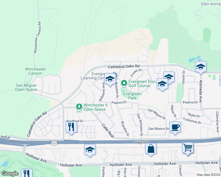 map of restaurants, bars, coffee shops, grocery stores, and more near 195 Brandon Drive in Goleta