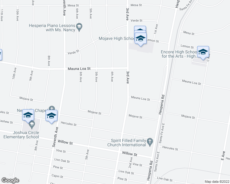 map of restaurants, bars, coffee shops, grocery stores, and more near 10353 4th Avenue in Hesperia