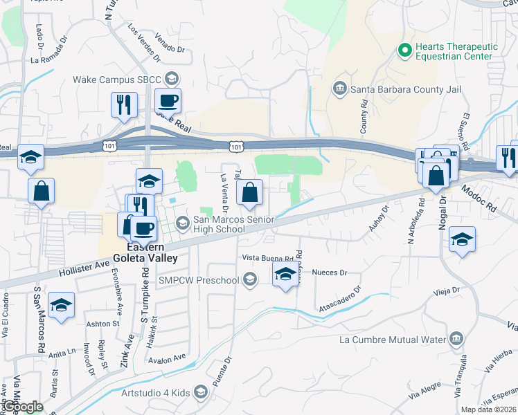 map of restaurants, bars, coffee shops, grocery stores, and more near 168 Valdivia Drive in Santa Barbara