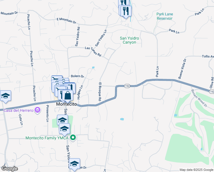 map of restaurants, bars, coffee shops, grocery stores, and more near Moore Road in Montecito
