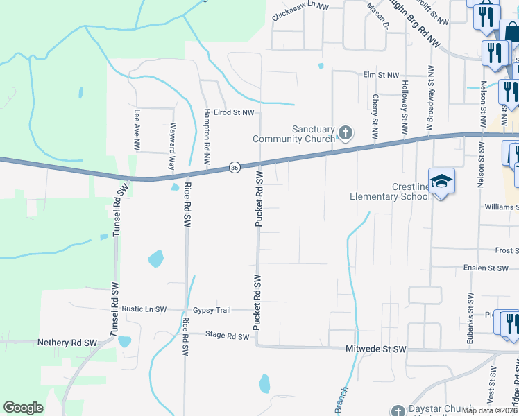 map of restaurants, bars, coffee shops, grocery stores, and more near 91 Pucket Road in Hartselle