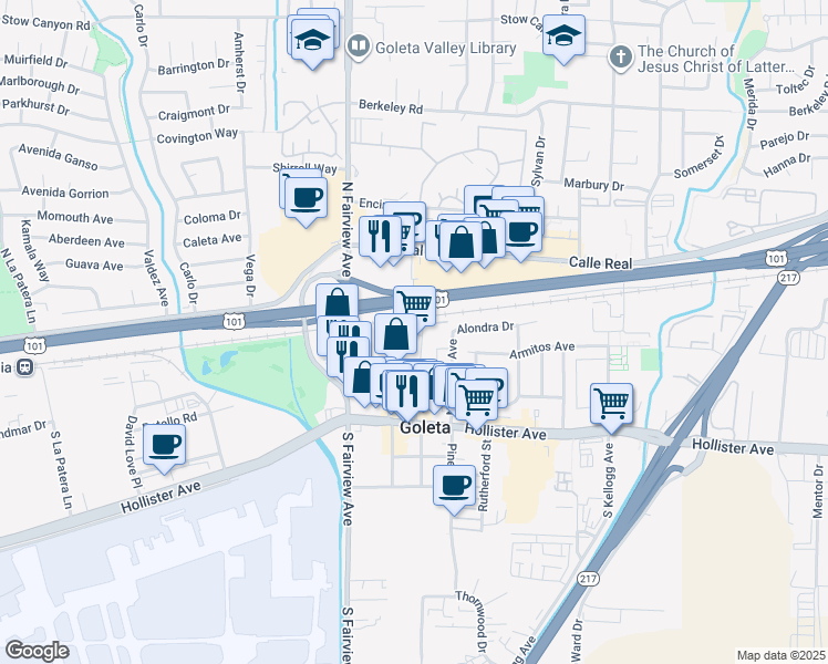 map of restaurants, bars, coffee shops, grocery stores, and more near 36 Magnolia Avenue in Goleta