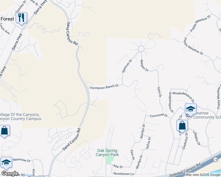 map of restaurants, bars, coffee shops, grocery stores, and more near 15946 Thompson Ranch Drive in Santa Clarita